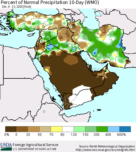 Middle East and Turkey Percent of Normal Precipitation 10-Day (WMO) Thematic Map For 12/6/2020 - 12/15/2020