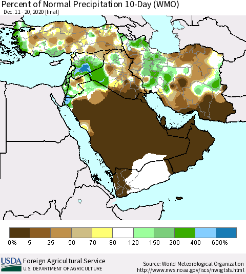 Middle East and Turkey Percent of Normal Precipitation 10-Day (WMO) Thematic Map For 12/11/2020 - 12/20/2020
