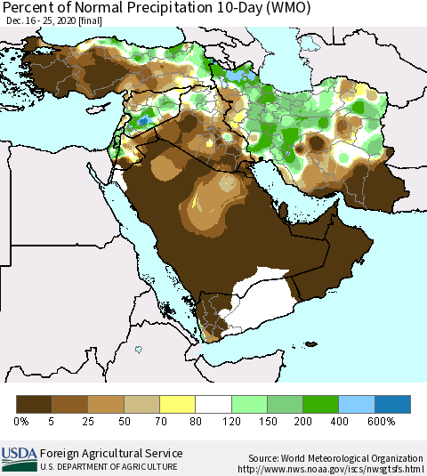 Middle East and Turkey Percent of Normal Precipitation 10-Day (WMO) Thematic Map For 12/16/2020 - 12/25/2020