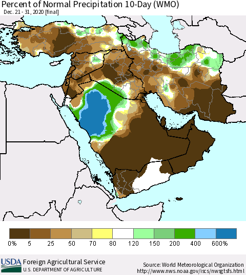 Middle East and Turkey Percent of Normal Precipitation 10-Day (WMO) Thematic Map For 12/21/2020 - 12/31/2020