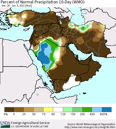 Middle East and Turkey Percent of Normal Precipitation 10-Day (WMO) Thematic Map For 12/26/2020 - 1/5/2021