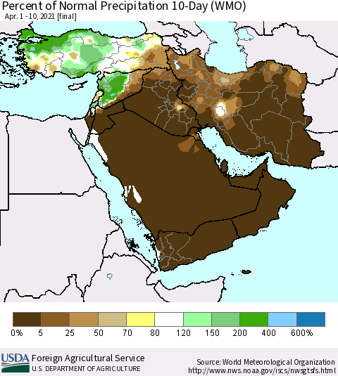 Middle East and Turkey Percent of Normal Precipitation 10-Day (WMO) Thematic Map For 4/1/2021 - 4/10/2021