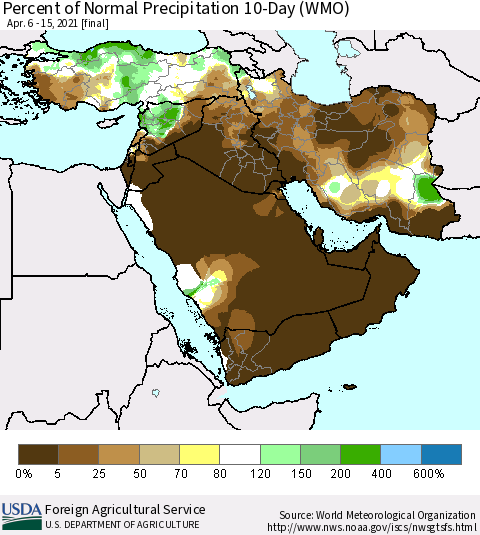Middle East and Turkey Percent of Normal Precipitation 10-Day (WMO) Thematic Map For 4/6/2021 - 4/15/2021