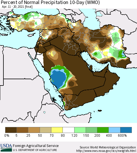 Middle East and Turkey Percent of Normal Precipitation 10-Day (WMO) Thematic Map For 4/11/2021 - 4/20/2021