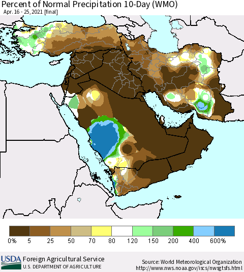 Middle East and Turkey Percent of Normal Precipitation 10-Day (WMO) Thematic Map For 4/16/2021 - 4/25/2021