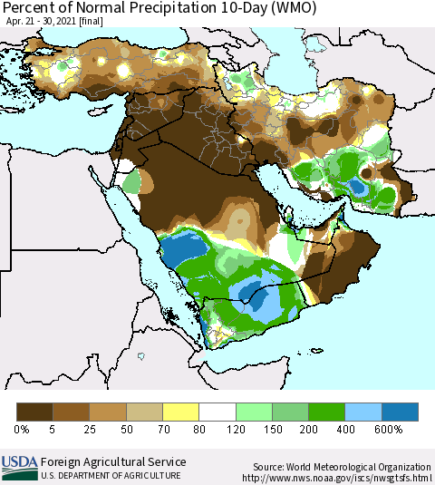 Middle East and Turkey Percent of Normal Precipitation 10-Day (WMO) Thematic Map For 4/21/2021 - 4/30/2021