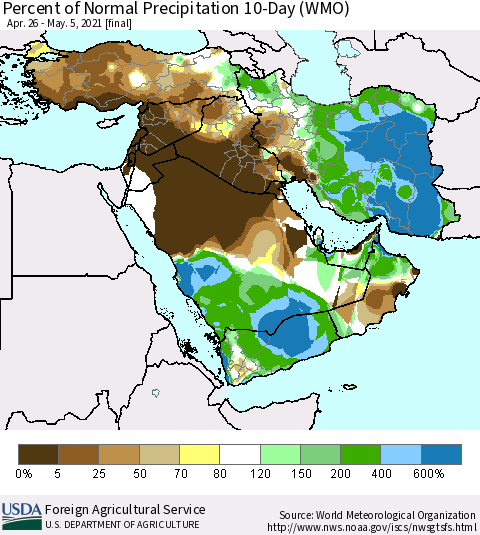 Middle East and Turkey Percent of Normal Precipitation 10-Day (WMO) Thematic Map For 4/26/2021 - 5/5/2021