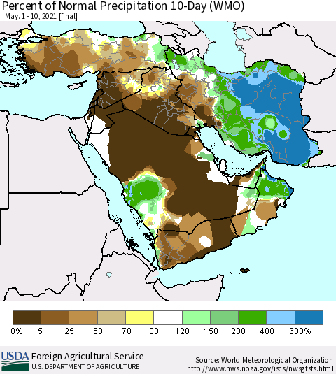Middle East and Turkey Percent of Normal Precipitation 10-Day (WMO) Thematic Map For 5/1/2021 - 5/10/2021