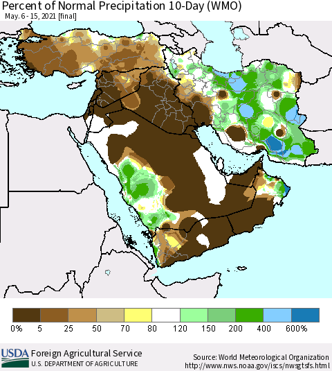 Middle East and Turkey Percent of Normal Precipitation 10-Day (WMO) Thematic Map For 5/6/2021 - 5/15/2021