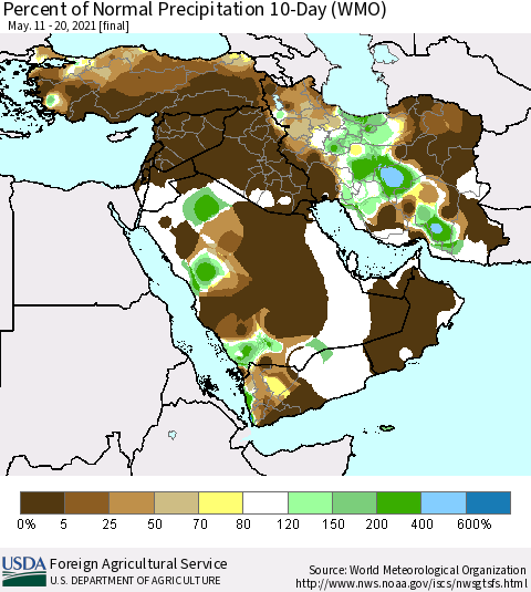 Middle East and Turkey Percent of Normal Precipitation 10-Day (WMO) Thematic Map For 5/11/2021 - 5/20/2021