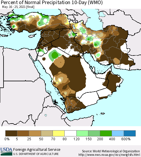Middle East and Turkey Percent of Normal Precipitation 10-Day (WMO) Thematic Map For 5/16/2021 - 5/25/2021