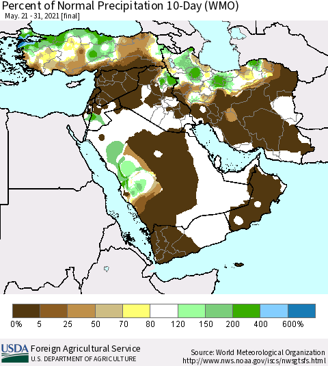 Middle East and Turkey Percent of Normal Precipitation 10-Day (WMO) Thematic Map For 5/21/2021 - 5/31/2021