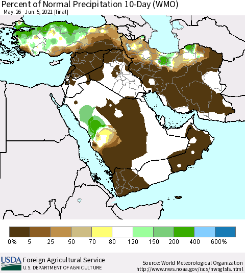 Middle East and Turkey Percent of Normal Precipitation 10-Day (WMO) Thematic Map For 5/26/2021 - 6/5/2021