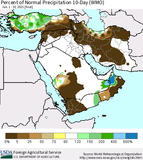 Middle East and Turkey Percent of Normal Precipitation 10-Day (WMO) Thematic Map For 6/1/2021 - 6/10/2021