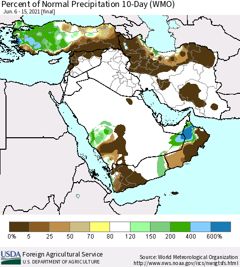 Middle East and Turkey Percent of Normal Precipitation 10-Day (WMO) Thematic Map For 6/6/2021 - 6/15/2021