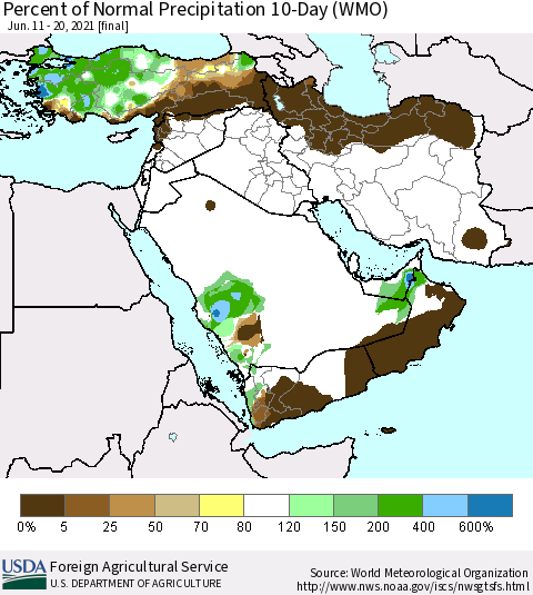 Middle East and Turkey Percent of Normal Precipitation 10-Day (WMO) Thematic Map For 6/11/2021 - 6/20/2021