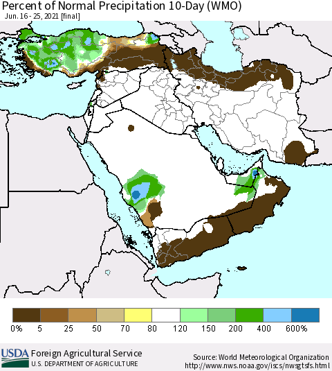 Middle East and Turkey Percent of Normal Precipitation 10-Day (WMO) Thematic Map For 6/16/2021 - 6/25/2021