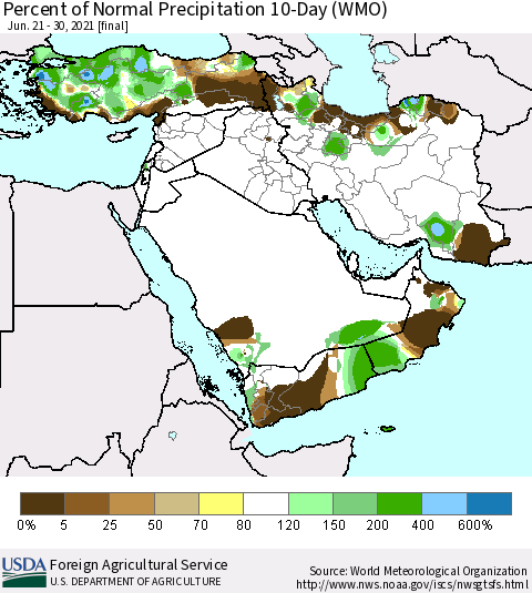 Middle East and Turkey Percent of Normal Precipitation 10-Day (WMO) Thematic Map For 6/21/2021 - 6/30/2021