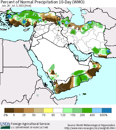 Middle East and Turkey Percent of Normal Precipitation 10-Day (WMO) Thematic Map For 6/26/2021 - 7/5/2021