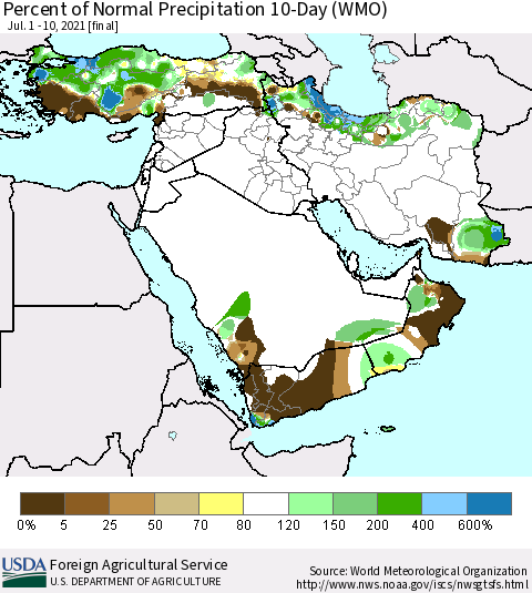 Middle East and Turkey Percent of Normal Precipitation 10-Day (WMO) Thematic Map For 7/1/2021 - 7/10/2021