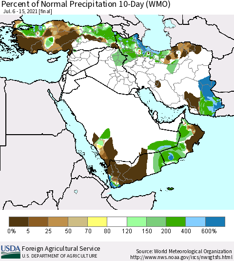 Middle East and Turkey Percent of Normal Precipitation 10-Day (WMO) Thematic Map For 7/6/2021 - 7/15/2021