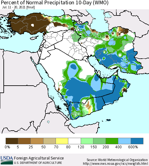 Middle East and Turkey Percent of Normal Precipitation 10-Day (WMO) Thematic Map For 7/11/2021 - 7/20/2021