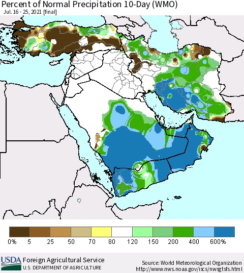 Middle East and Turkey Percent of Normal Precipitation 10-Day (WMO) Thematic Map For 7/16/2021 - 7/25/2021