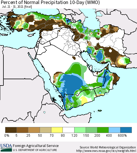 Middle East and Turkey Percent of Normal Precipitation 10-Day (WMO) Thematic Map For 7/21/2021 - 7/31/2021