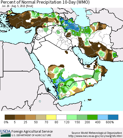 Middle East and Turkey Percent of Normal Precipitation 10-Day (WMO) Thematic Map For 7/26/2021 - 8/5/2021