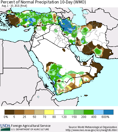 Middle East and Turkey Percent of Normal Precipitation 10-Day (WMO) Thematic Map For 8/1/2021 - 8/10/2021