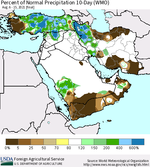 Middle East and Turkey Percent of Normal Precipitation 10-Day (WMO) Thematic Map For 8/6/2021 - 8/15/2021