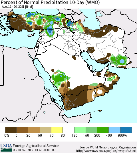 Middle East and Turkey Percent of Normal Precipitation 10-Day (WMO) Thematic Map For 8/11/2021 - 8/20/2021