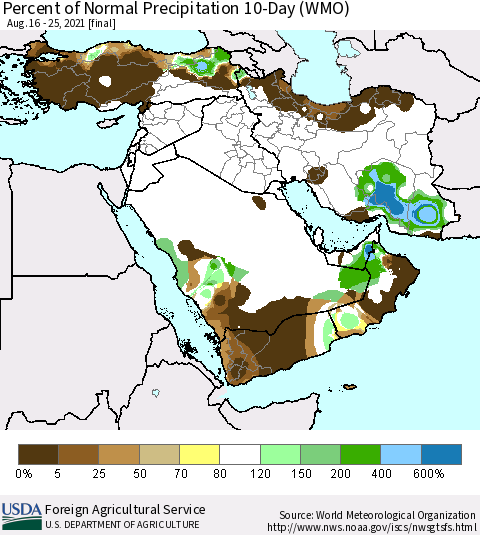 Middle East and Turkey Percent of Normal Precipitation 10-Day (WMO) Thematic Map For 8/16/2021 - 8/25/2021