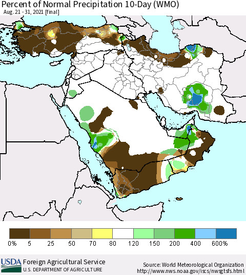 Middle East and Turkey Percent of Normal Precipitation 10-Day (WMO) Thematic Map For 8/21/2021 - 8/31/2021