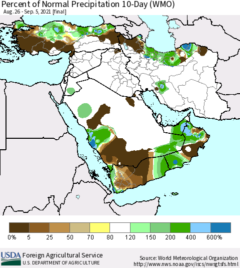 Middle East and Turkey Percent of Normal Precipitation 10-Day (WMO) Thematic Map For 8/26/2021 - 9/5/2021