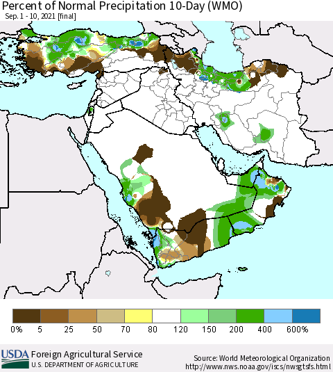 Middle East and Turkey Percent of Normal Precipitation 10-Day (WMO) Thematic Map For 9/1/2021 - 9/10/2021