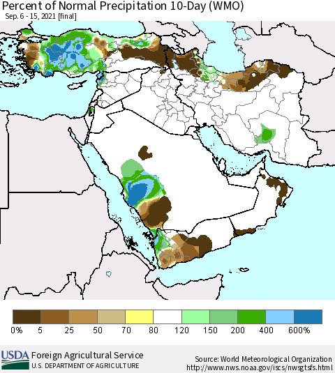 Middle East and Turkey Percent of Normal Precipitation 10-Day (WMO) Thematic Map For 9/6/2021 - 9/15/2021