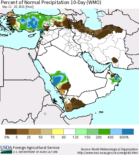 Middle East and Turkey Percent of Normal Precipitation 10-Day (WMO) Thematic Map For 9/11/2021 - 9/20/2021