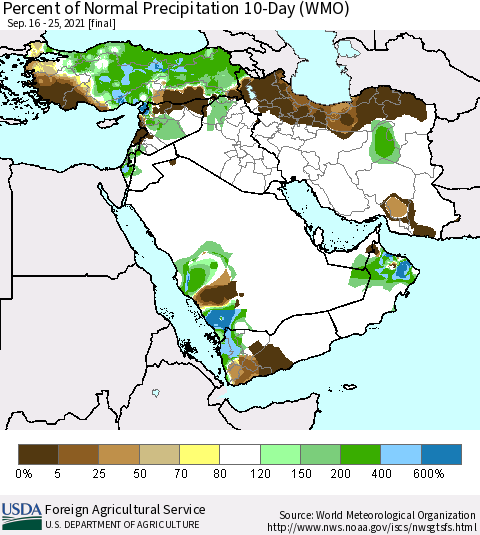 Middle East and Turkey Percent of Normal Precipitation 10-Day (WMO) Thematic Map For 9/16/2021 - 9/25/2021