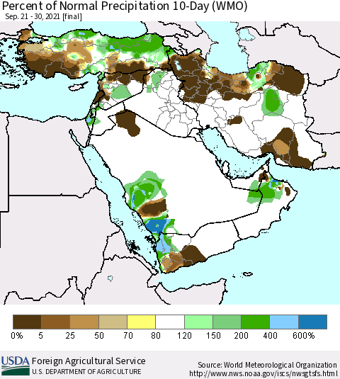 Middle East and Turkey Percent of Normal Precipitation 10-Day (WMO) Thematic Map For 9/21/2021 - 9/30/2021