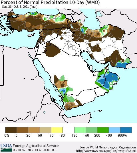 Middle East and Turkey Percent of Normal Precipitation 10-Day (WMO) Thematic Map For 9/26/2021 - 10/5/2021