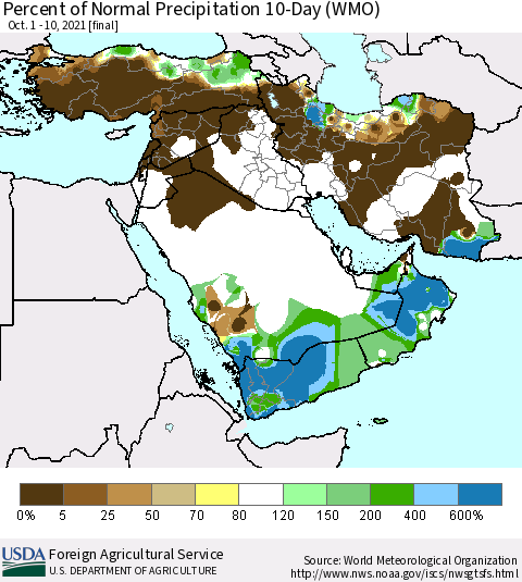Middle East and Turkey Percent of Normal Precipitation 10-Day (WMO) Thematic Map For 10/1/2021 - 10/10/2021