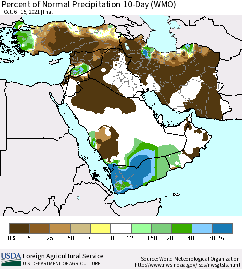 Middle East and Turkey Percent of Normal Precipitation 10-Day (WMO) Thematic Map For 10/6/2021 - 10/15/2021