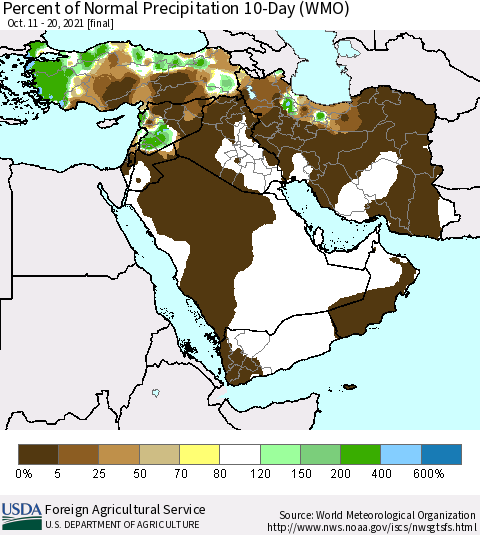 Middle East and Turkey Percent of Normal Precipitation 10-Day (WMO) Thematic Map For 10/11/2021 - 10/20/2021
