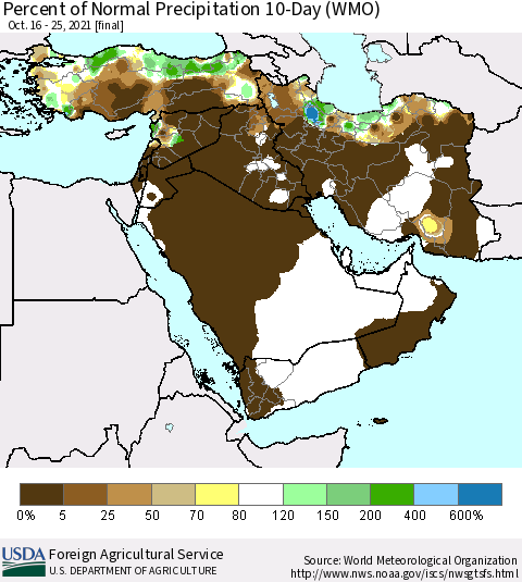 Middle East and Turkey Percent of Normal Precipitation 10-Day (WMO) Thematic Map For 10/16/2021 - 10/25/2021