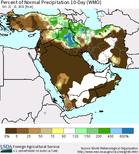 Middle East and Turkey Percent of Normal Precipitation 10-Day (WMO) Thematic Map For 10/21/2021 - 10/31/2021
