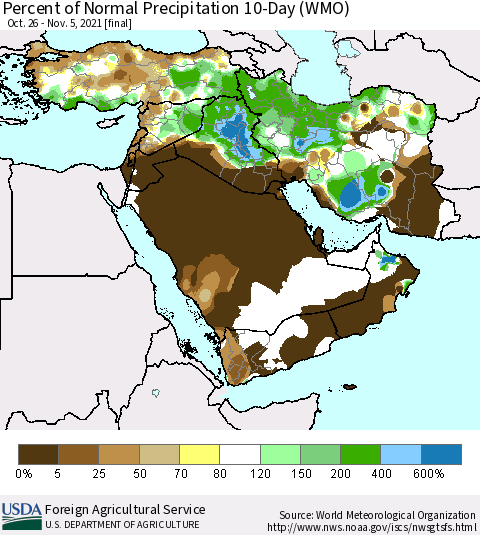Middle East and Turkey Percent of Normal Precipitation 10-Day (WMO) Thematic Map For 10/26/2021 - 11/5/2021
