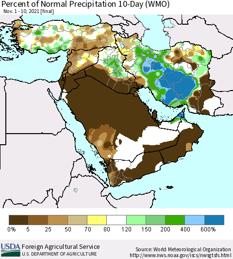 Middle East and Turkey Percent of Normal Precipitation 10-Day (WMO) Thematic Map For 11/1/2021 - 11/10/2021