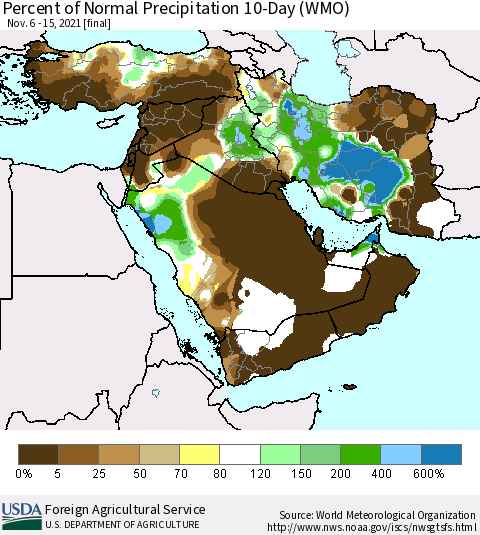 Middle East and Turkey Percent of Normal Precipitation 10-Day (WMO) Thematic Map For 11/6/2021 - 11/15/2021
