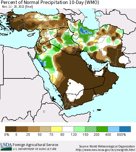 Middle East and Turkey Percent of Normal Precipitation 10-Day (WMO) Thematic Map For 11/11/2021 - 11/20/2021